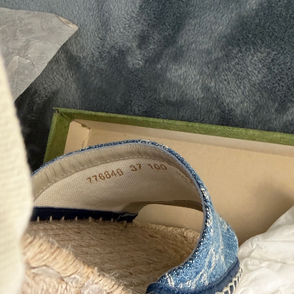 Gucci Blue Denim Monogram Espadrille Wedge Sandals with Cream Ankle Ties - Picture 9 of 11